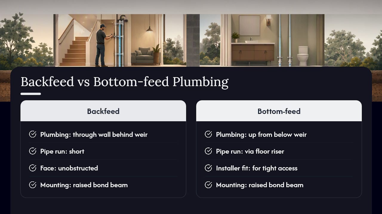Backfeed and bottom-feed sheer descent plumbing